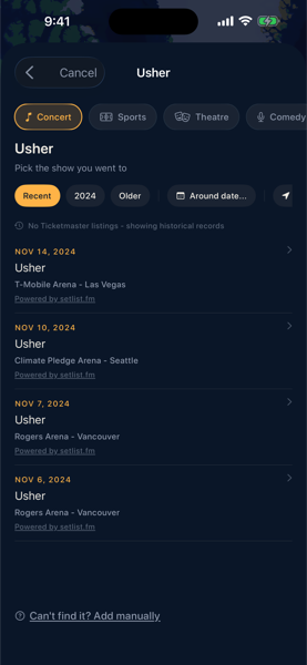 Snagmap concert search showing Usher gigs at Oakland Arena with date and venue details.