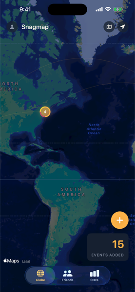 Snagmap's home globe centered over the Americas with amber event pins.