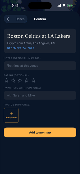 Snagmap's add-show confirm sheet for Boston Celtics at LA Lakers, with notes, a star rating, and a 'who came with you' field.